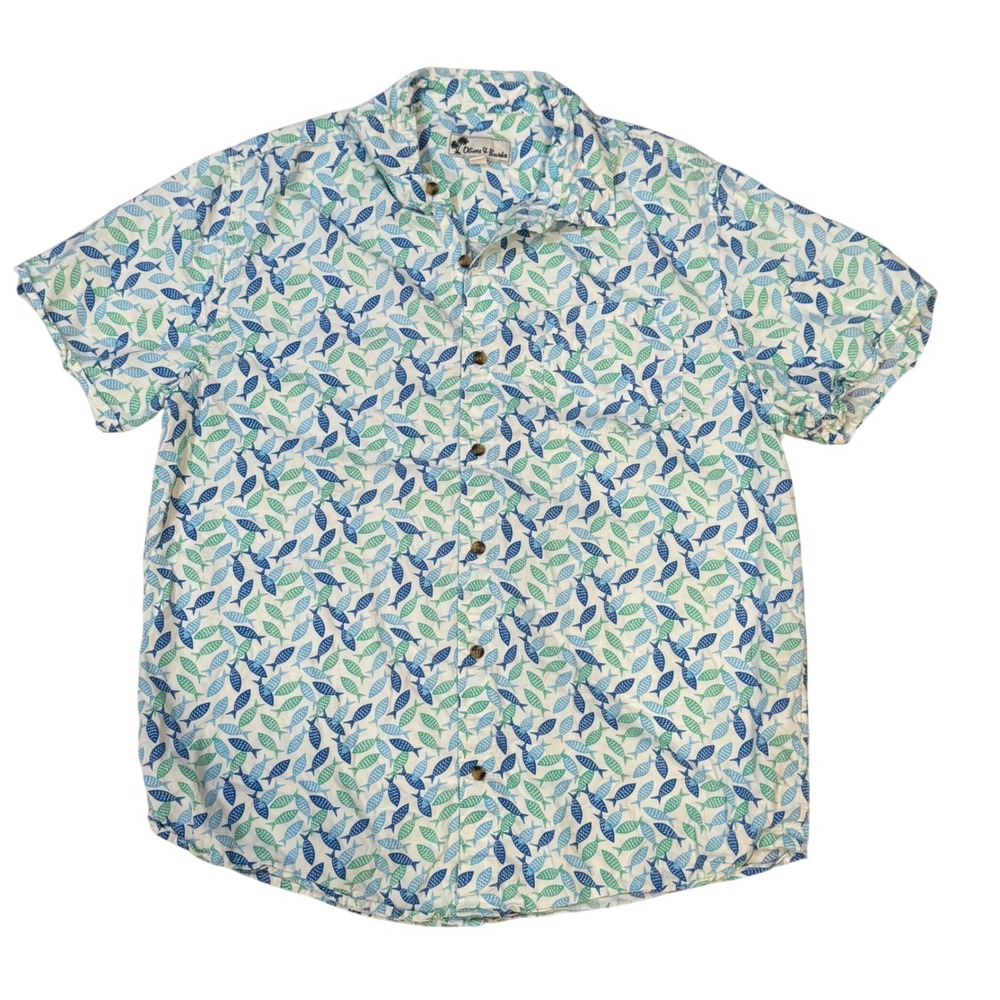 Oliver & Burke Mens XL Short Sleeve Button Down Shirt Blue Green Fish Print
